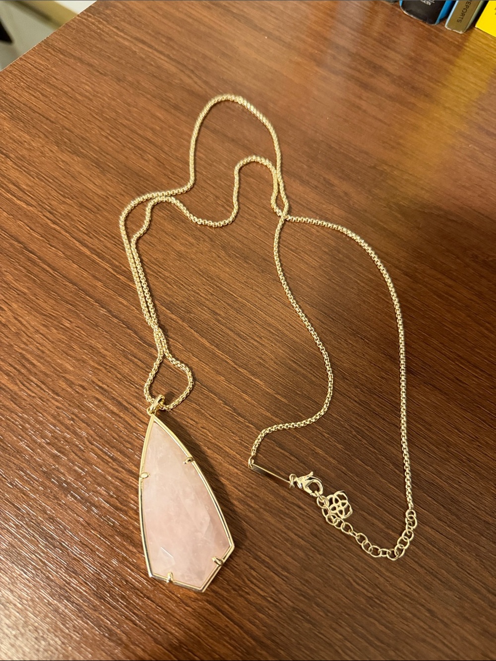 Gold Chain Necklace with Pink Rose Quartz Pendant